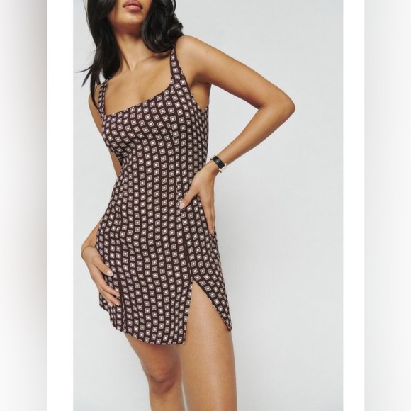 Reformation Dresses & Skirts - Reformation Noha Sleeveless Crepe Mini Dress Palladio Brown Geometric Print 8